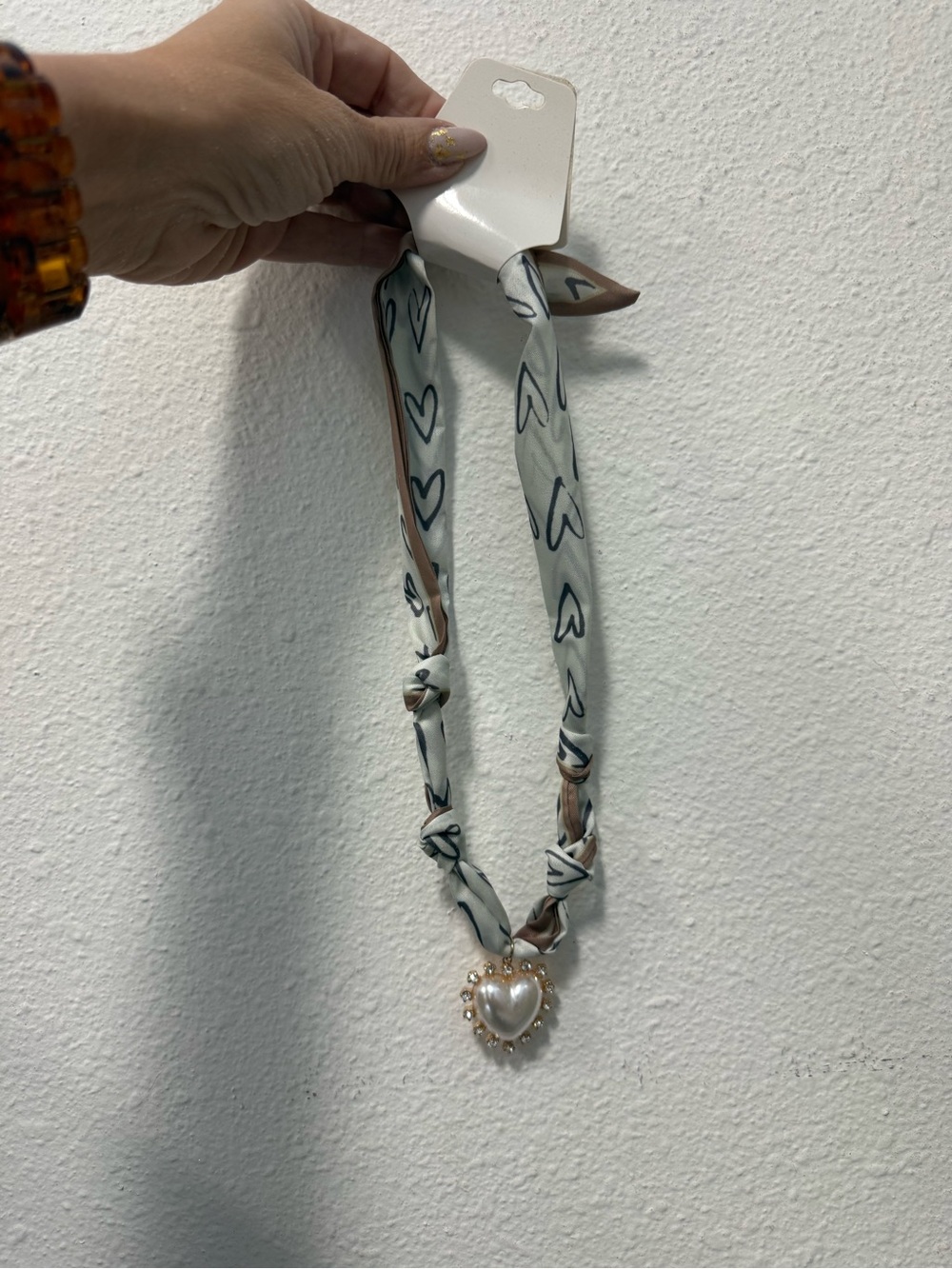 Heart Pendant Silk-Style Scarf Necklace - White and Taupe